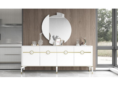 Anrichte mit Spiegel Schrank Holzcshrank Holz Sideboard Weiß Moderne