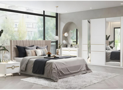 Schlafzimmer Garnitur Doppelbett Nachttische Schränke Stoff 6tlg Weiß