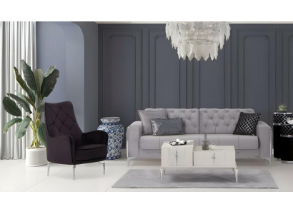 Garnitur Dreisitzer Sessel Stoffsofa Polstersofa Grau Couch Sofa 2tlg