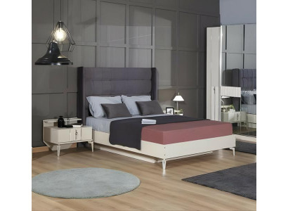 Schlafzimmer Garnitur Doppelbett Nachttische Schränke Stoff 5tlg Beige