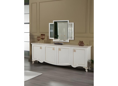 Anrichte mit Spiegel Schrank Holzcshrank Holz Sideboard Weiß Kommode