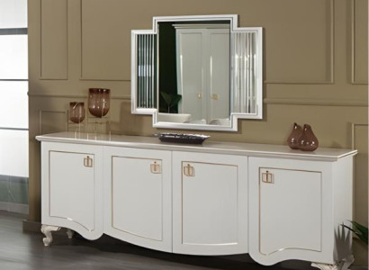 Anrichte mit Spiegel Schrank Holzcshrank Holz Sideboard Weiß Kommode