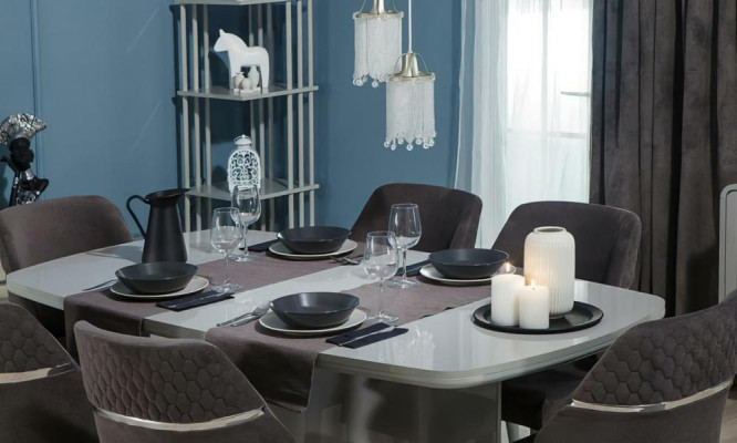 Essgruppe Esszimmer Esstisch Tisch Stühle 7tlg Holz Grau Stoffstühle