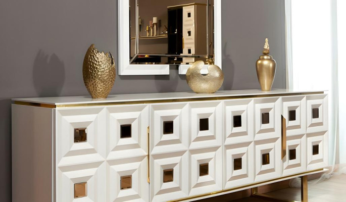 Anrichte Buffetvitrine Spiegel Esszimmer Beige Holzschrank Holz Modern