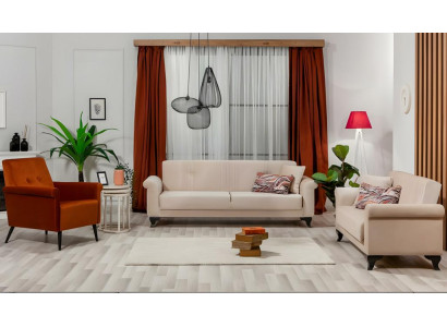 Komplette beige Couchgarnitur Dreisitzer Zweisitzer und Sessel Stoff