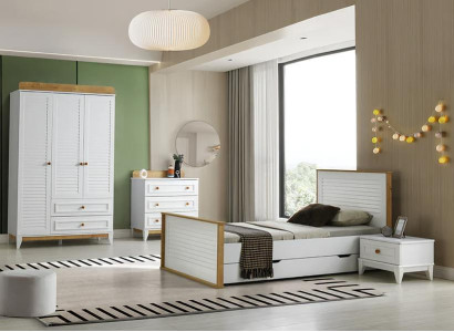 Garnitur Kinderzimmer Jugendbett Bettrahmen Bett Set 4tlg Holz Weiß Schlafzimmer