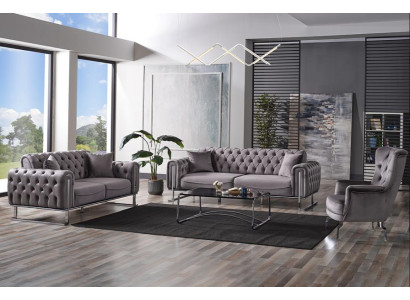 Sofagarnitur Wohnzimmer Sitz Sofa 3 Sitzer Grau 2 Sitzer Set Textil Sessel 3tlg