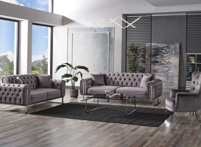 Sofagarnitur Wohnzimmer Sitz Sofa 3 Sitzer Grau 2 Sitzer Set Textil Sessel 3tlg