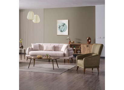 Wohnzimmer Sofagarnitur Sessel Luxus Couch Set Sofa 3 Sitzer Beige Sessel
