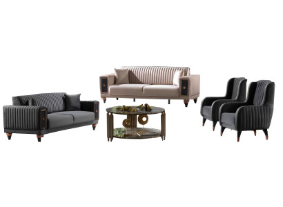 Sofagarnitur Beige-Schwarz Designer 2x Dreisitzer Polstersessel Luxus Möbel
