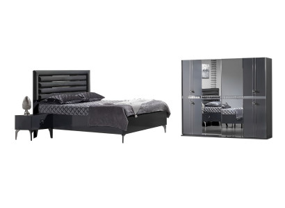 Schlafzimmer Set Bett 2x Nachttische Schrank Luxus Moderne Möbel 4tlg Schwarz