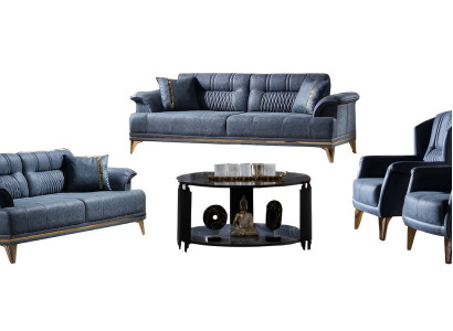 Sofagarnitur Wohnzimmer Set Sofa 3+3+1+1 Sitzer Polster Blau 4tlg Modern Möbel