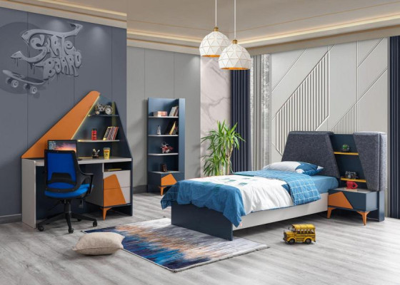 Schlafzimmer  Set Kinderzimmer Bett Nachttisch Schreibtisch Buecherregal Blau