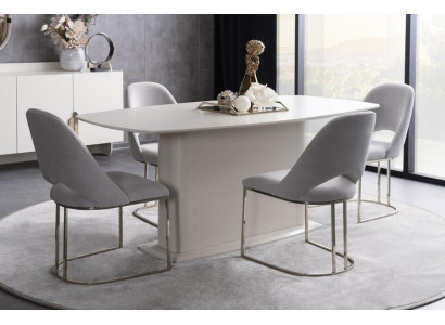 Esszimmer Esstisch Stühle Tisch Polsterstühle Säulenfuß Weiß Edelstahl