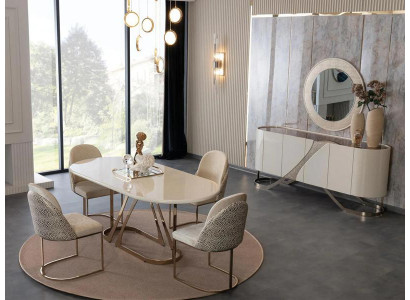 Esszimmer Set Esstisch Küchentisch Stühle Sideboard Spiegel Luxus Gold 7tlg