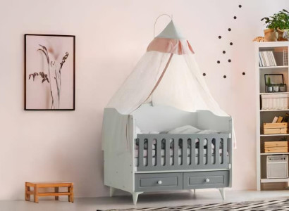 Babybett Stilvoll Zelt Graue Schubladen Modernes Design Komfort Kinderzimmer