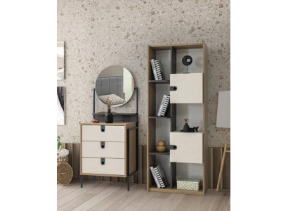 Modernes Set aus Kommode mit Spiegel und Bücherregal in Holzoptik und Creme