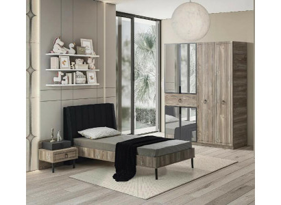 Set Bett Nachttisch Kleiderschrank Schwarz Kinderzimmer Gestaltung 3-teilig