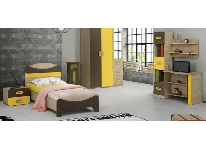 Modernes Set Bett Nachttisch Schreibtisch Gelb Braun Design Akzent Möbel 3tlg.