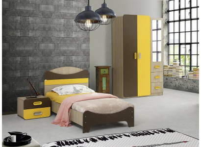 Modernes Set Bett Nachttisch Kleiderschrank Gelb Braun Design Kinderzimmer Möbel