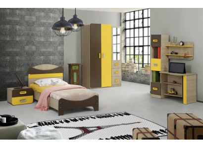 Modernes Set Bett Nachttisch Schreibtisch Kleiderschrank Gelb Braun Kinderzimmer