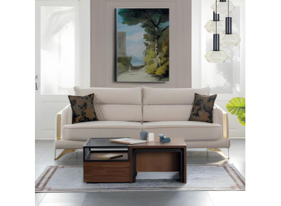 Sofa 3-Sitzer Creme Stoffbezug Goldfüße Elegant Modern Design Wohnzimmerstil