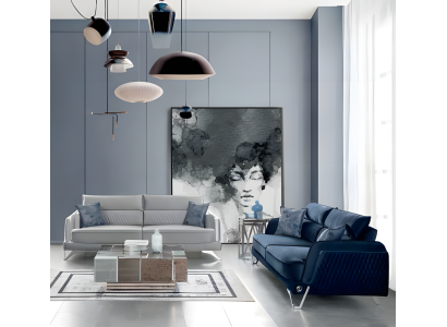 Sofagarnitur 3+3 Sitzer Weiß Blau Stoffbezug Chromfüße Modern Elegantes Design