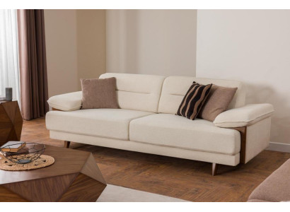 Sofa 3-Sitzer Beige Stoff Holzdetails Skandi Stil Modern Komfort Wohnzimmer