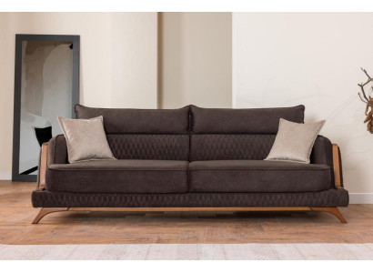 Dunkelbraun 3-Sitzer Sofa Stoffbezug Holzdetails Retro Skandi Stil Wohnzimmer