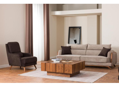 Wohnzimmer Sofa Sessel Set Modernes Design Beige Braun Holzfüße Polster 3+1