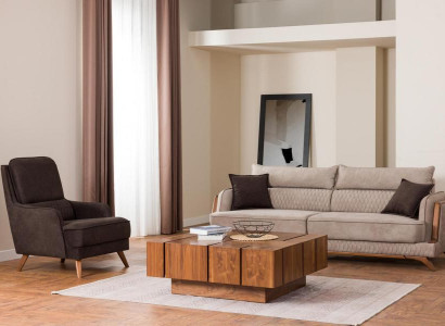 Wohnzimmer Sofa Sessel Set Modernes Design Beige Braun Holzfüße Polster 3+1