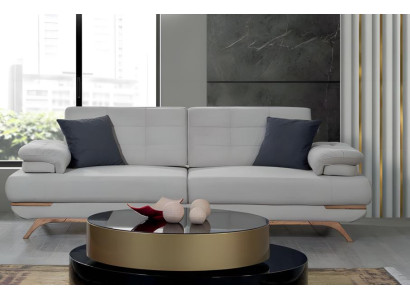 Elegantes Sofa Design Weiß Grau Polster Couch Wohnzimmer Holzfüße Modern 3Sitzer