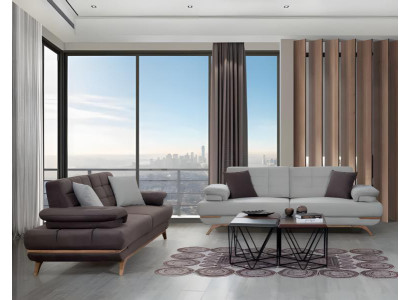 Elegantes Sofa Set 3+3 Grau Weiß Polster Couch Wohnzimmer Modern Holzfüße