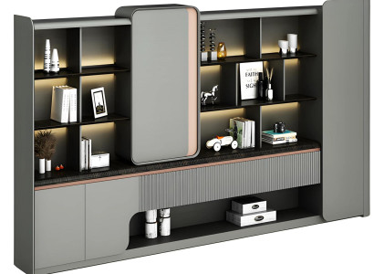 Modern Büroschrank Offene Regale LED Beleuchtung Schlichte Eleganz Graues Design