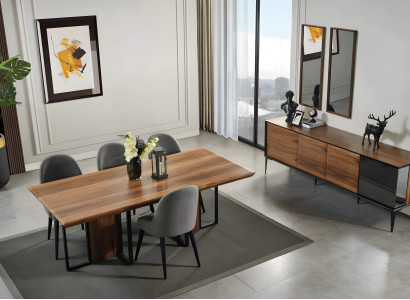 Braunes Esstisch Set, 7-teilig, mit Kommode, Stühlen und Spiegel