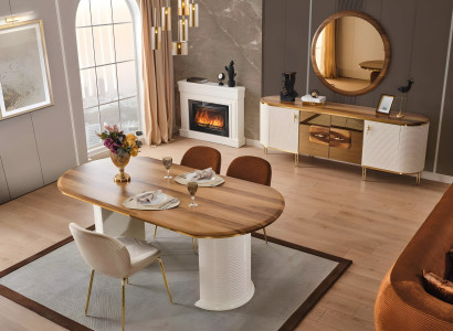 Braunes Esstisch Set, 7-teilig, mit Kommode, Spiegel und Stühlen