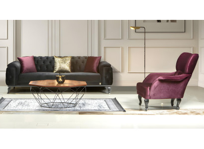 Design Sofa Couch Garnitur Sitzgruppe Kombination Polster Lila Schwarz Set 3+1