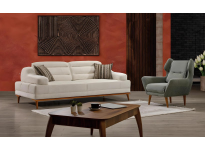 Moderne weiße Stoffsofa- und Sessel-Garnitur aus Holz