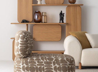 Beiger Sessel, Modern, Abstraktes Muster, 83x85x80 cm, Braunrahmen