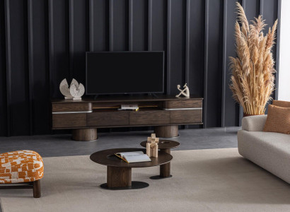 Brauner TV-Ständer, LED beleuchtet, 4 Schubladen, 245x50x64 cm