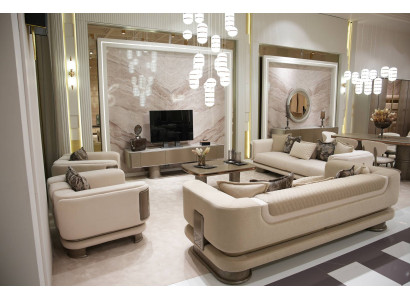 Modernes Wohnzimmer-Set aus Stoff in Beige mit Holzoptik