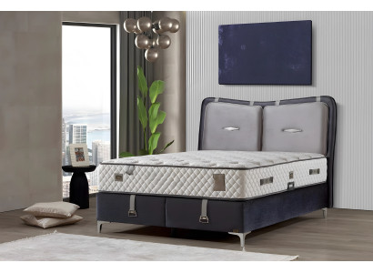 Elegantes graues Bett mit Matratze aus Holz und Textil