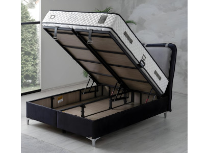 Graues Holz- und Textilbett im modernen Design