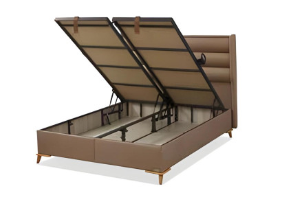 Braunes Polsterbett aus Holz und Textil im eleganten Design