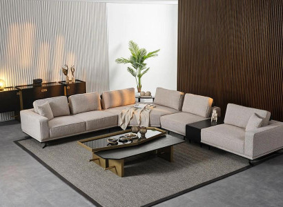 Beiges Ecksofa L-Form, 6-teilig, Modern, Mit Kissen, 8 Sitzplätze