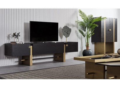 Schwarzes TV-Lowboard aus Holz, 3 Schubladen, Modern, Freistehend