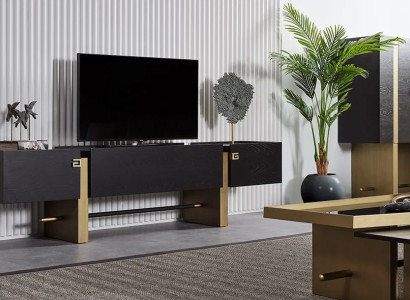 Schwarzes TV-Lowboard aus Holz, 3 Schubladen, Modern, Freistehend