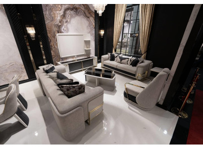 Moderner grauer Stoff-Sofa-Set mit Holzrahmen und eleganten Design