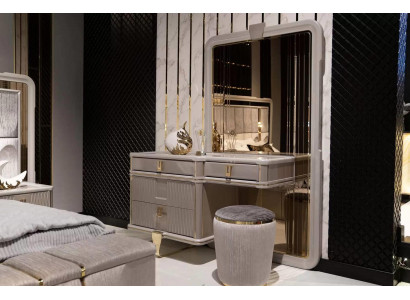 Eleganter grauer Schminktisch mit Spiegel und Hocker aus Holz