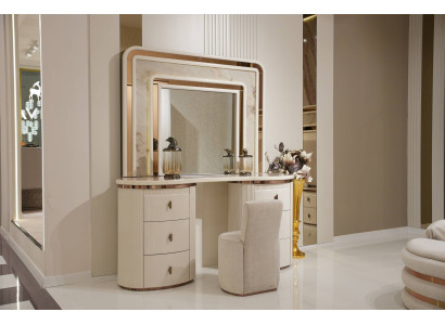 Eleganter weißer Holz-Schminktisch mit Spiegel und Hocker